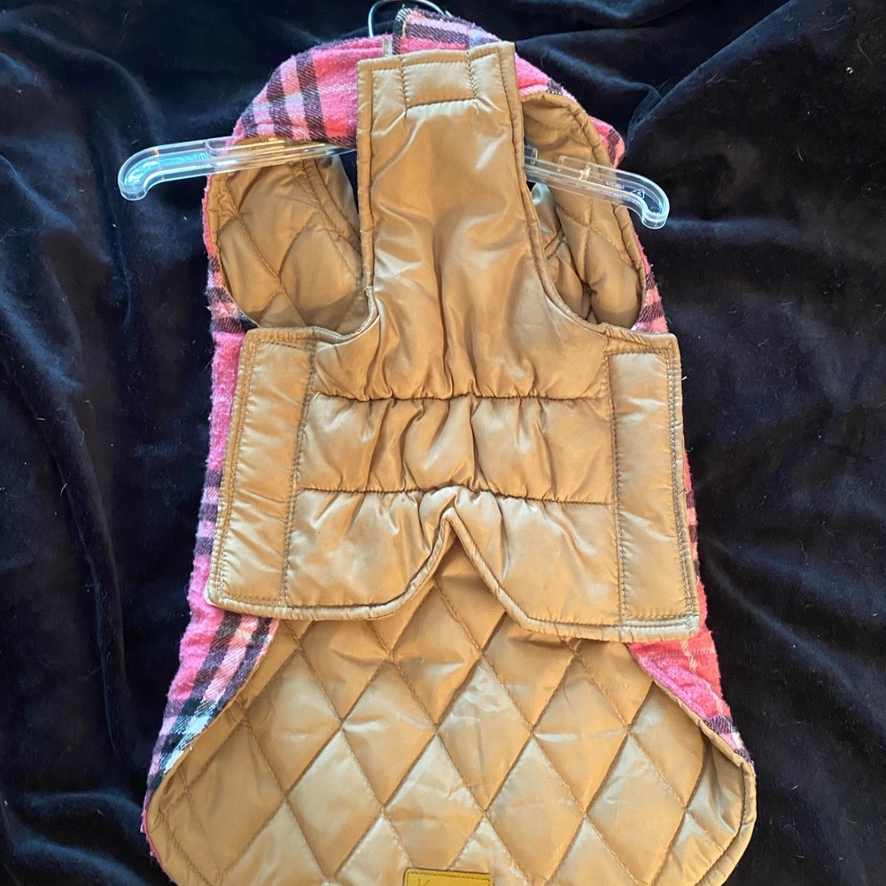 Pink Plaid Dog Coat with Velcro closure neck and body 16”long x 14”body.